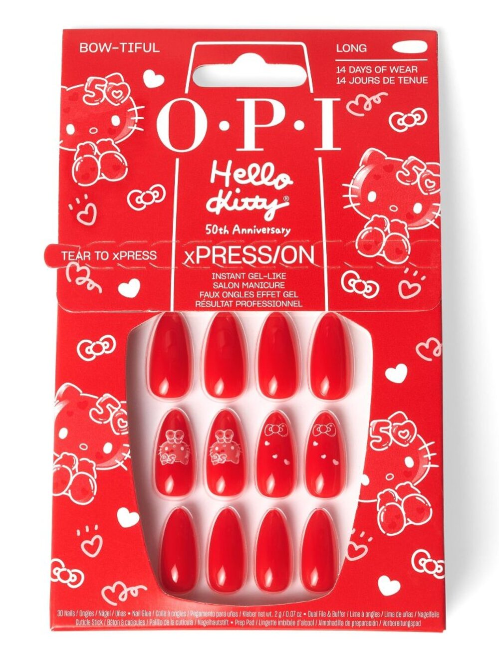 NIB OPI xPRESS/ON Hello Kitty 50th Anniversary Press-On Nails Bow-tiful Long